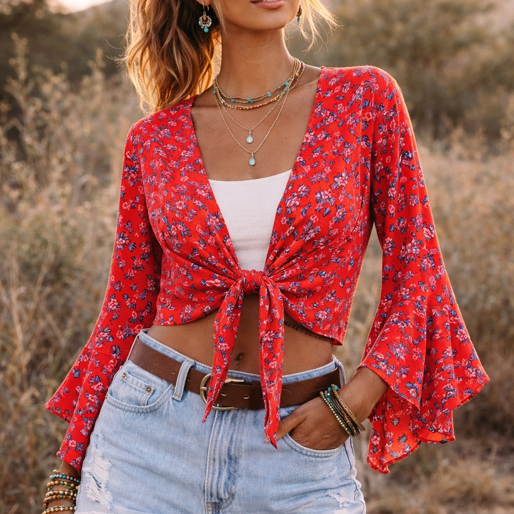 Red Boho Floral Bell Sleeve Wrap Top, Organic Viscose Adjustable Festival Blouse